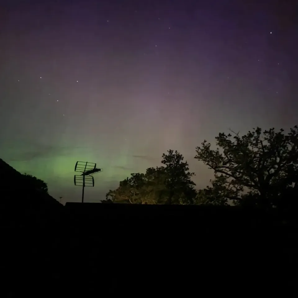 Green aurora low on the horizon in a dark night sky