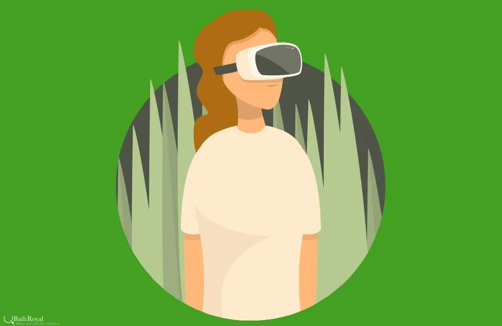 Illustration of a person wearing a virtual reality headset, surrounded by tall green grasses